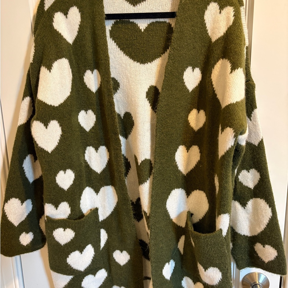 Maeve Olive and Cream Heart Pattern Cardigan